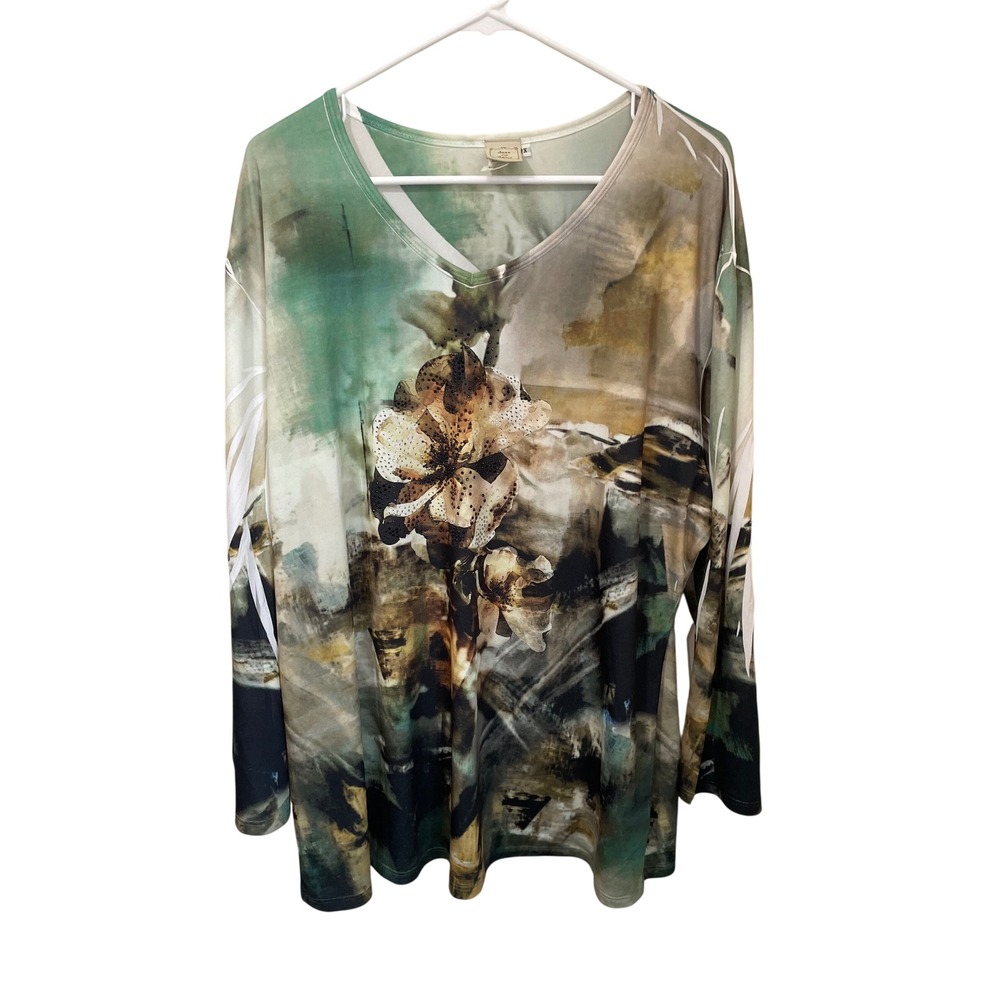 Jess & Jane 2X Floral Rhinestone V-Neck Tunic Top Green Brown Stretchy Made USA